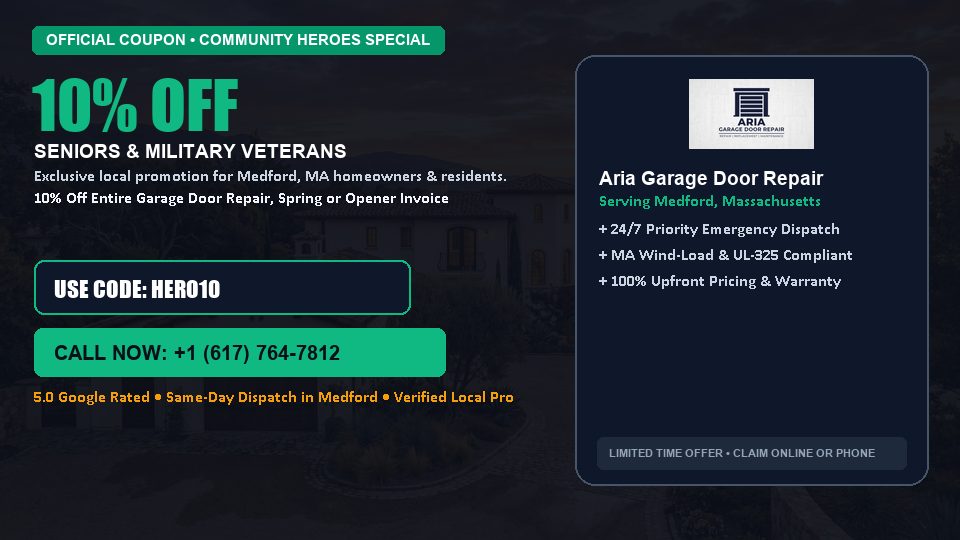 Aria Garage Door Repair 10% OFF Seniors & Military Veterans in Medford, MA